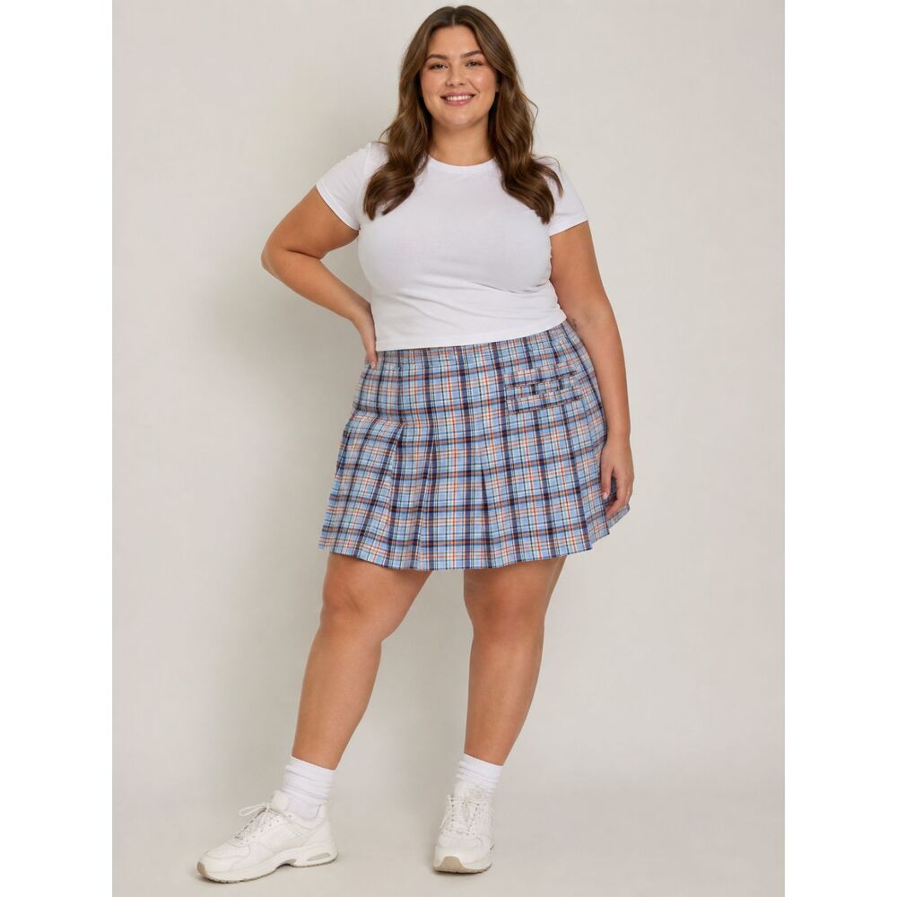 NWT French Toast Blue Gold Plaid Pleated Skort 18.5 Plus Built-In Shorts